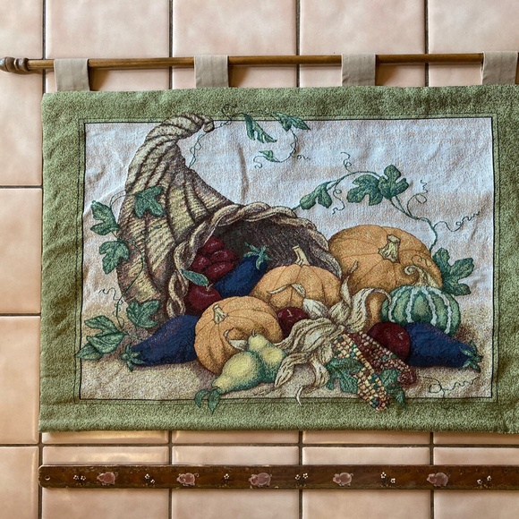 Thanksgiving OCTOBER WEEKEND Cornucopia Pumpkin TAPESTRY Wall Hanging w/WOOD ROD - Picture 9 of 15